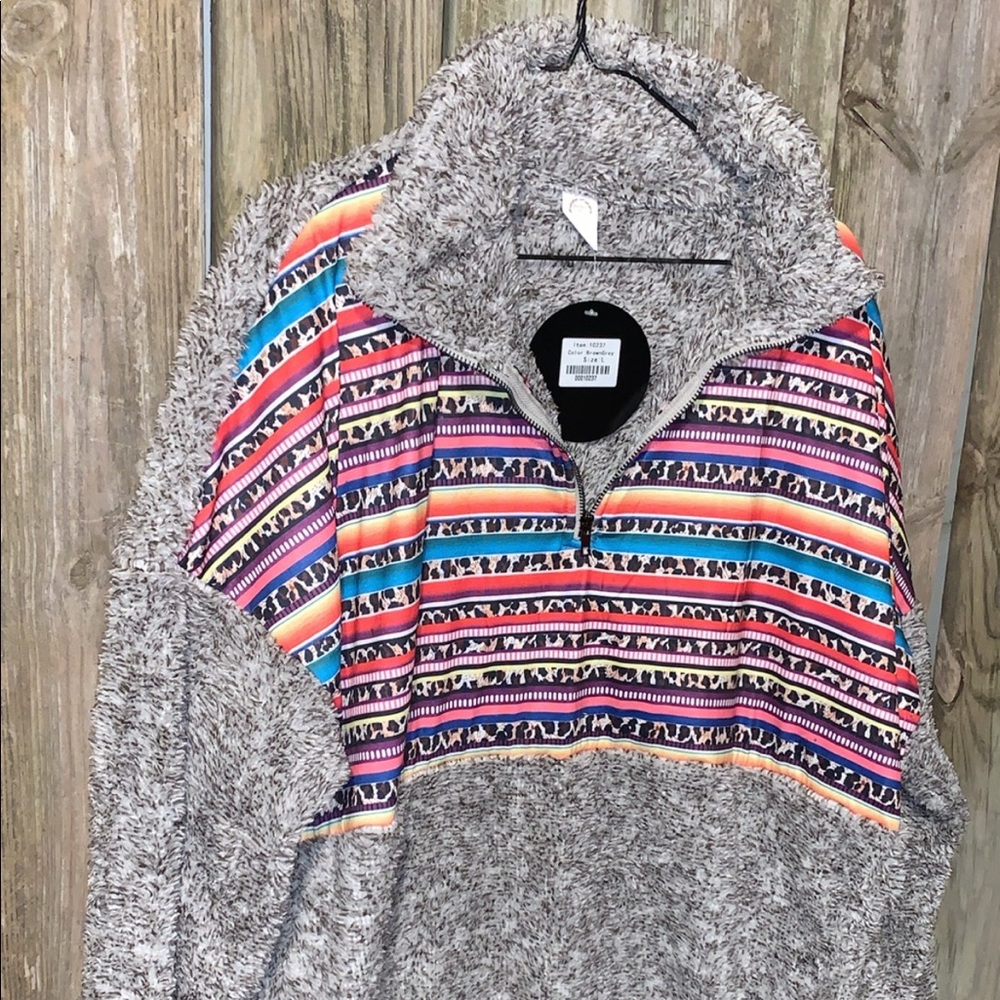 Leopard serape Sherpa pull over sweater